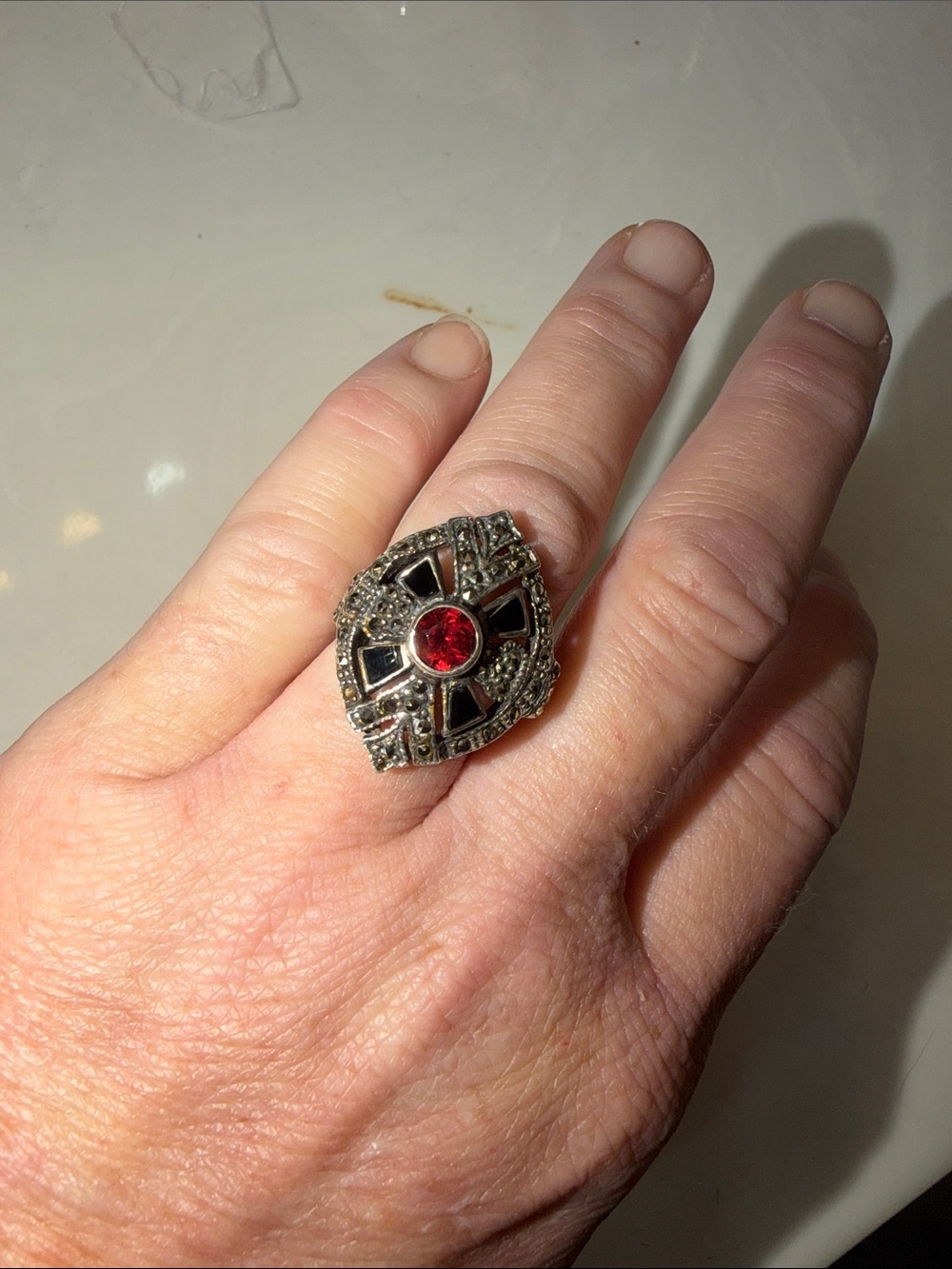 Vintage-Inspired Silver Ring with Red Center Stone